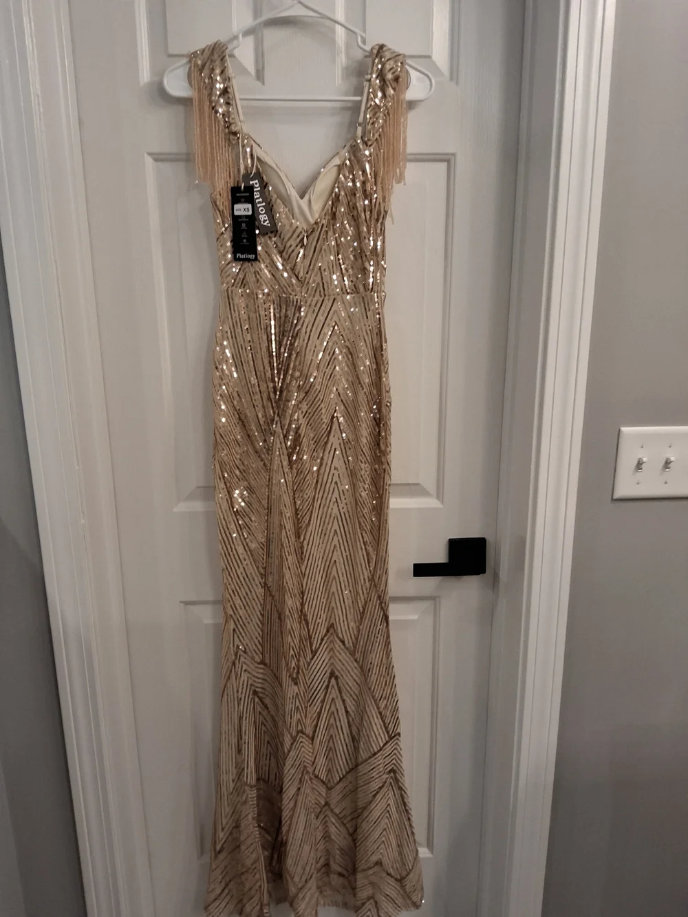 Beaded ROSE GOLD Sequin Evening Gown with‎ Fringe Shoulders